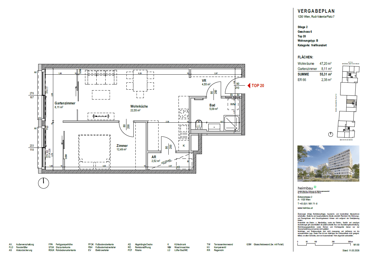 Grundrissplan einer Wohnung mit Wohnküche, Schlafzimmer und Gartenanteil im Erdgeschoss.