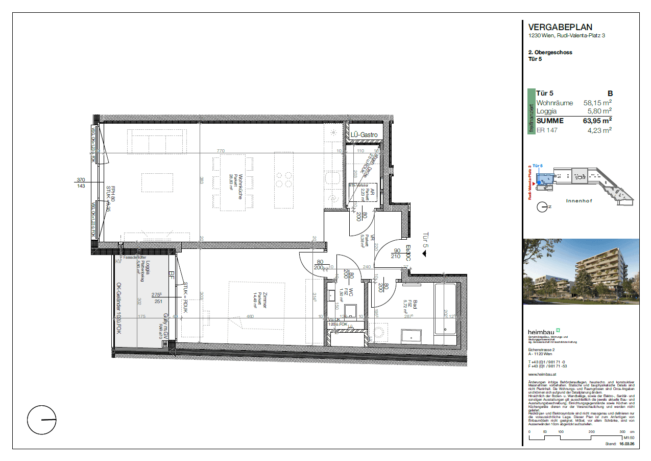 Grundriss einer Wohnung im 2. Obergeschoss mit Loggia und offenem Wohnbereich.