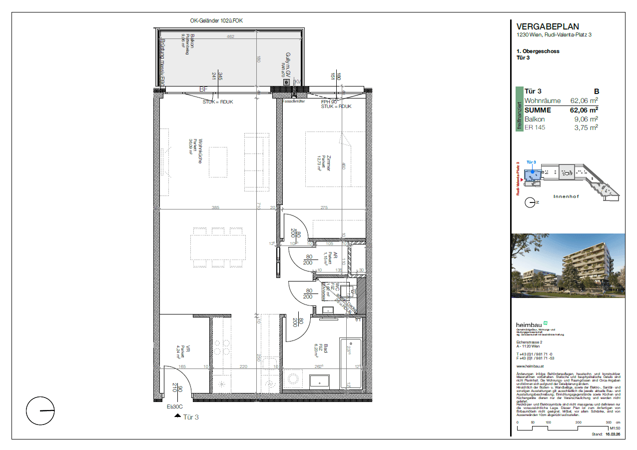 Detaillierter Grundriss einer Wohnung mit Balkon, Schlafzimmer und offenem Wohnbereich.