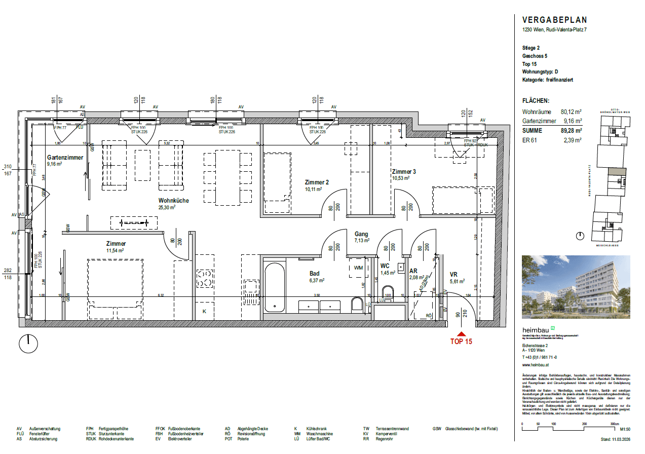 Detaillierter Grundriss einer Wohnung mit drei Schlafzimmern, Wohnküche, Bad und Gartenanteil.