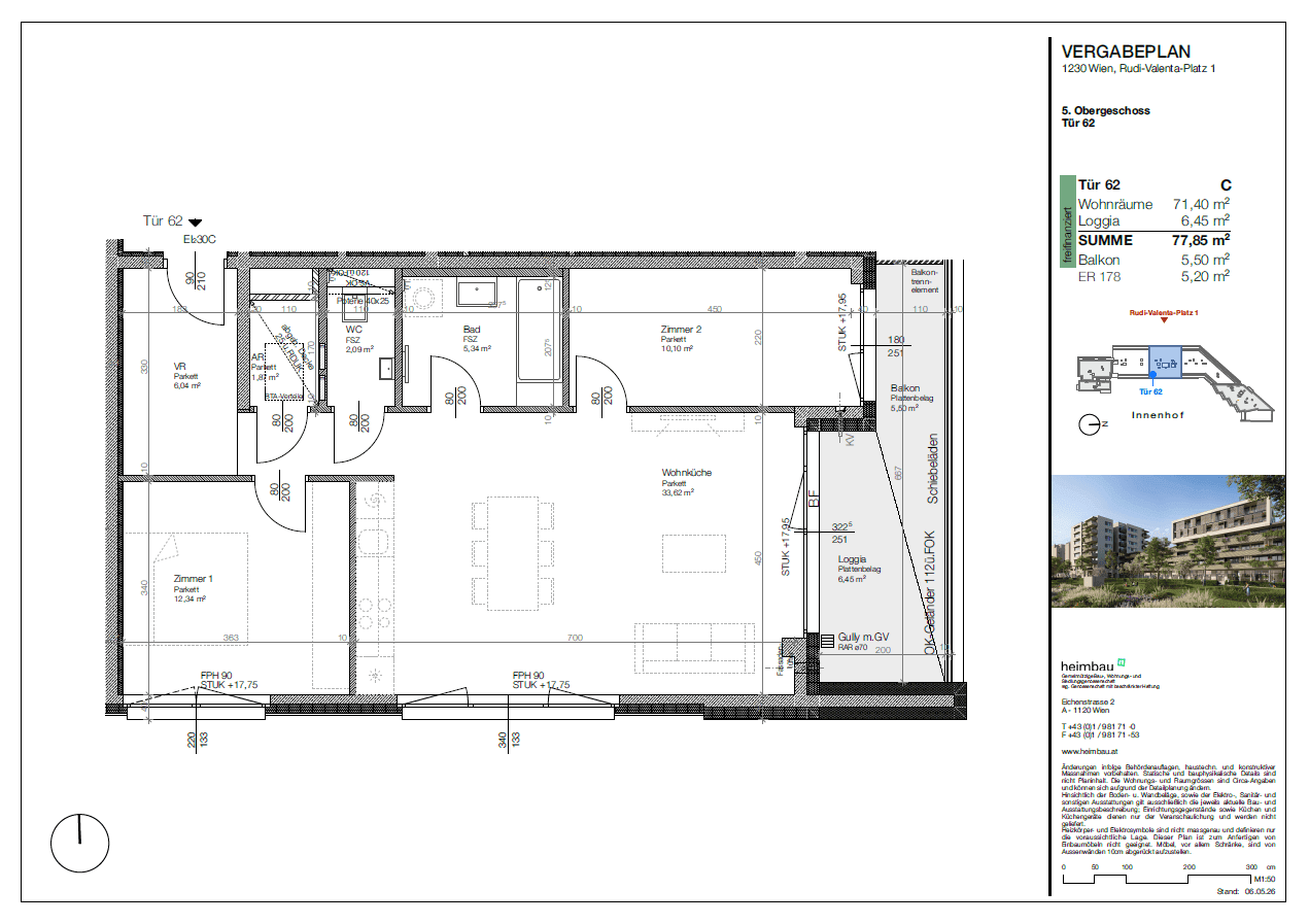 Grundriss einer Wohnung im 5. Obergeschoss mit Loggia und offenem Wohnbereich.