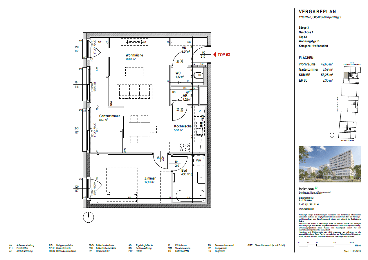 Detaillierter Grundriss einer Wohnung mit Wohnküche, Schlafzimmer und Badezimmer.
