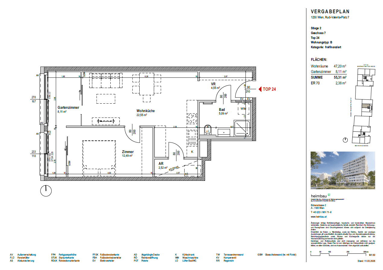 Grundriss einer Wohnung mit Wohnküche, Schlafzimmer, Bad und Gartenzimmer.