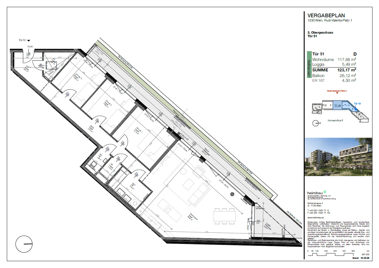 Detaillierter Grundriss einer Wohnung im 3. Obergeschoss mit mehreren Zimmern und Balkonzugang.