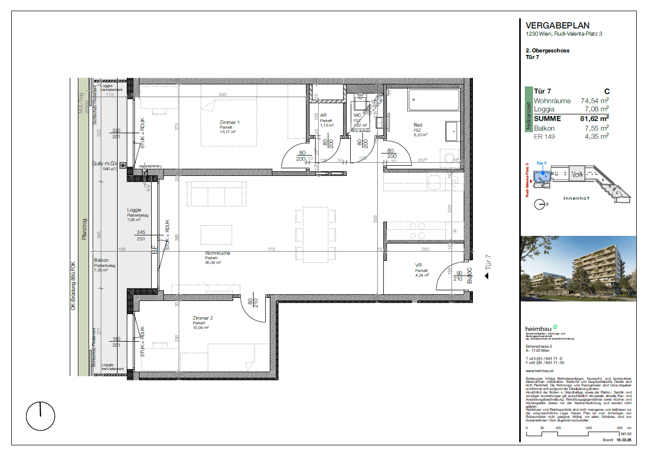 Detaillierter Grundriss einer Wohnung mit zwei Schlafzimmern, offenem Wohnbereich und Loggia.