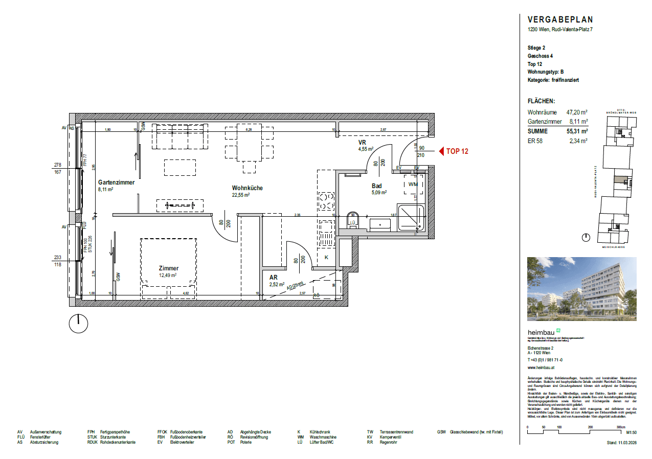 Grundriss einer Wohnung mit Garten, zwei Zimmern und offenem Wohnküchenbereich.