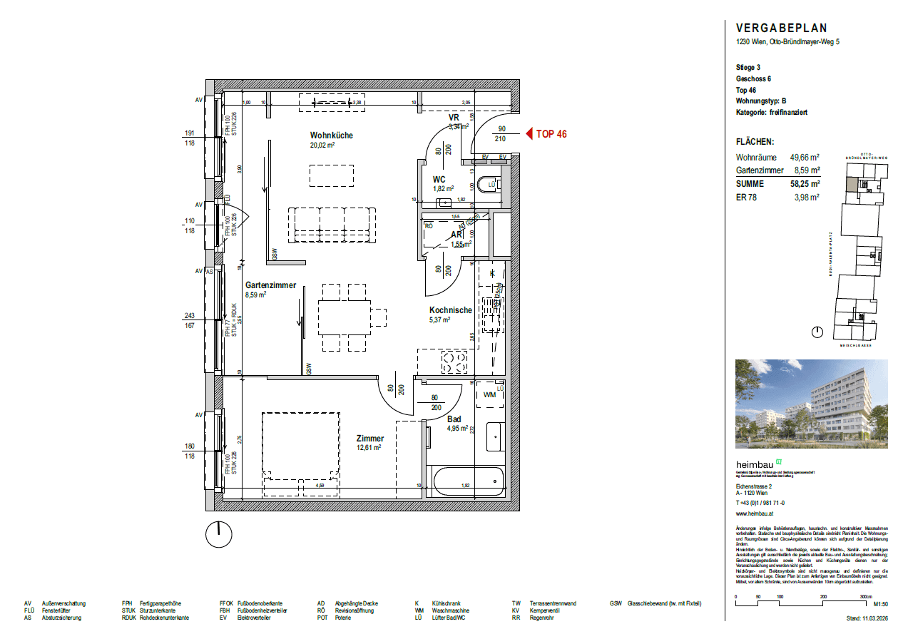 Detaillierter Grundriss einer Wohnung mit Wohnküche, Schlafzimmer und Gartenanteil.