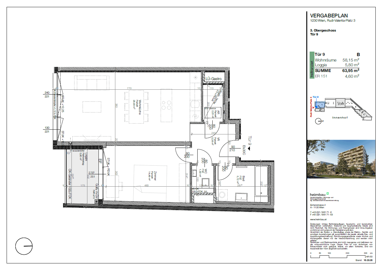 Grundrissplan einer Wohnung im 3. Obergeschoss mit Loggia und offenem Wohnbereich.