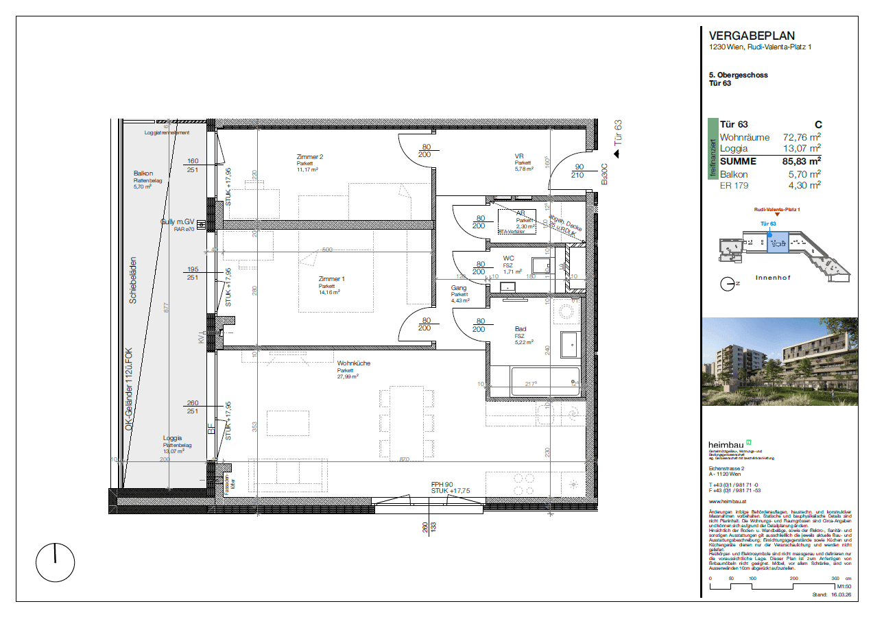 Grundriss einer Wohnung im 5. Obergeschoss mit Loggia und Balkon.