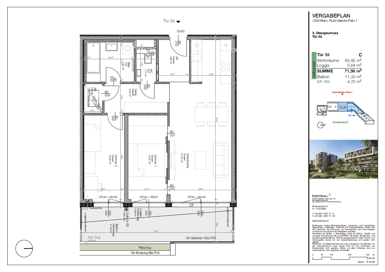 Detaillierter Grundriss einer Wohnung mit drei Zimmern, Loggia und Balkon.