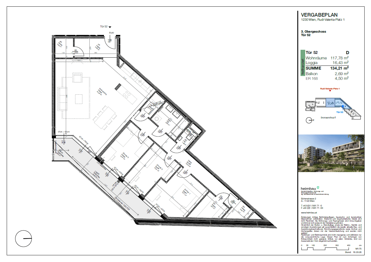 Grundriss einer Wohnung im dritten Obergeschoss mit drei Schlafzimmern und Balkon.