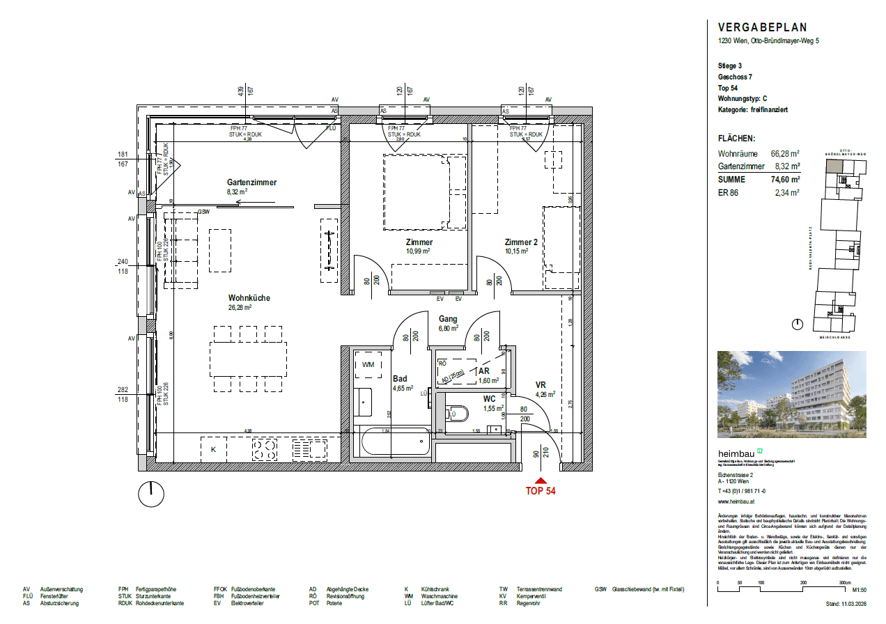 Grundrissplan einer Wohnung mit drei Zimmern, Wohnküche und Gartenanteil.