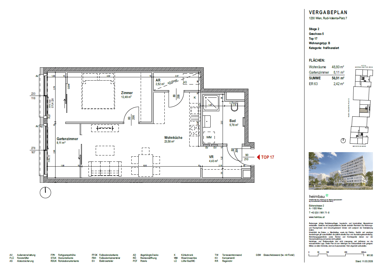Detaillierter Grundriss einer Wohnung mit Garten- und Wohnzimmer sowie separater Wohnküche.