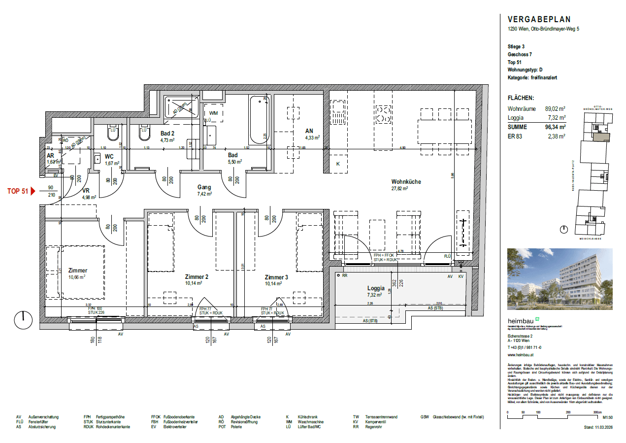 Detaillierter Grundriss einer Wohnung mit drei Zimmern, zwei Bädern und einer Loggia.