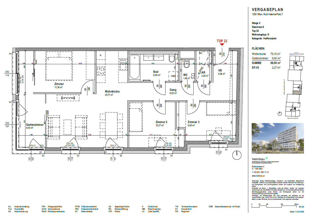 Detaillierter Grundriss einer Wohnung mit drei Zimmern, Wohnküche und zwei Bädern.