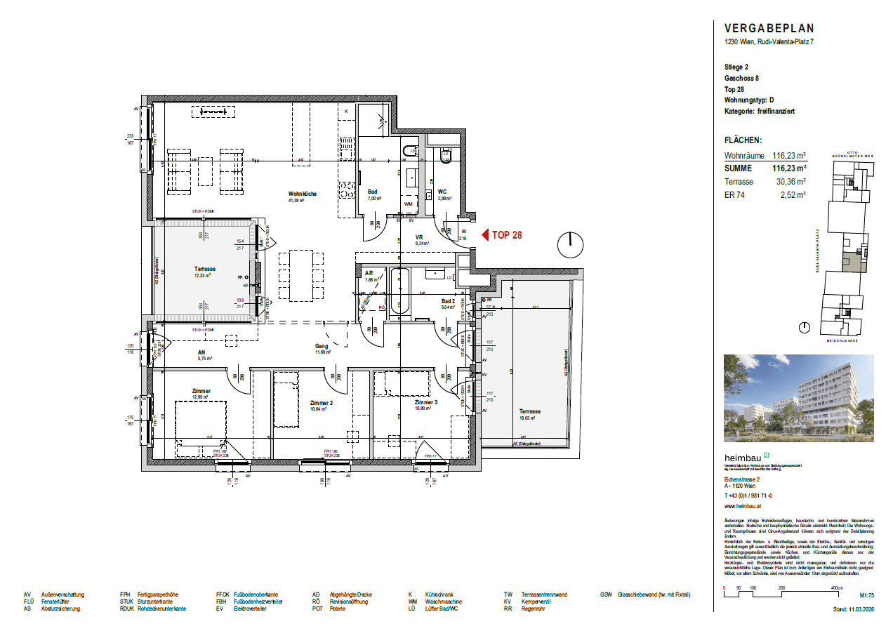 Detaillierter Grundriss einer Wohnung mit drei Zimmern, zwei Bädern und zwei Terrassen.