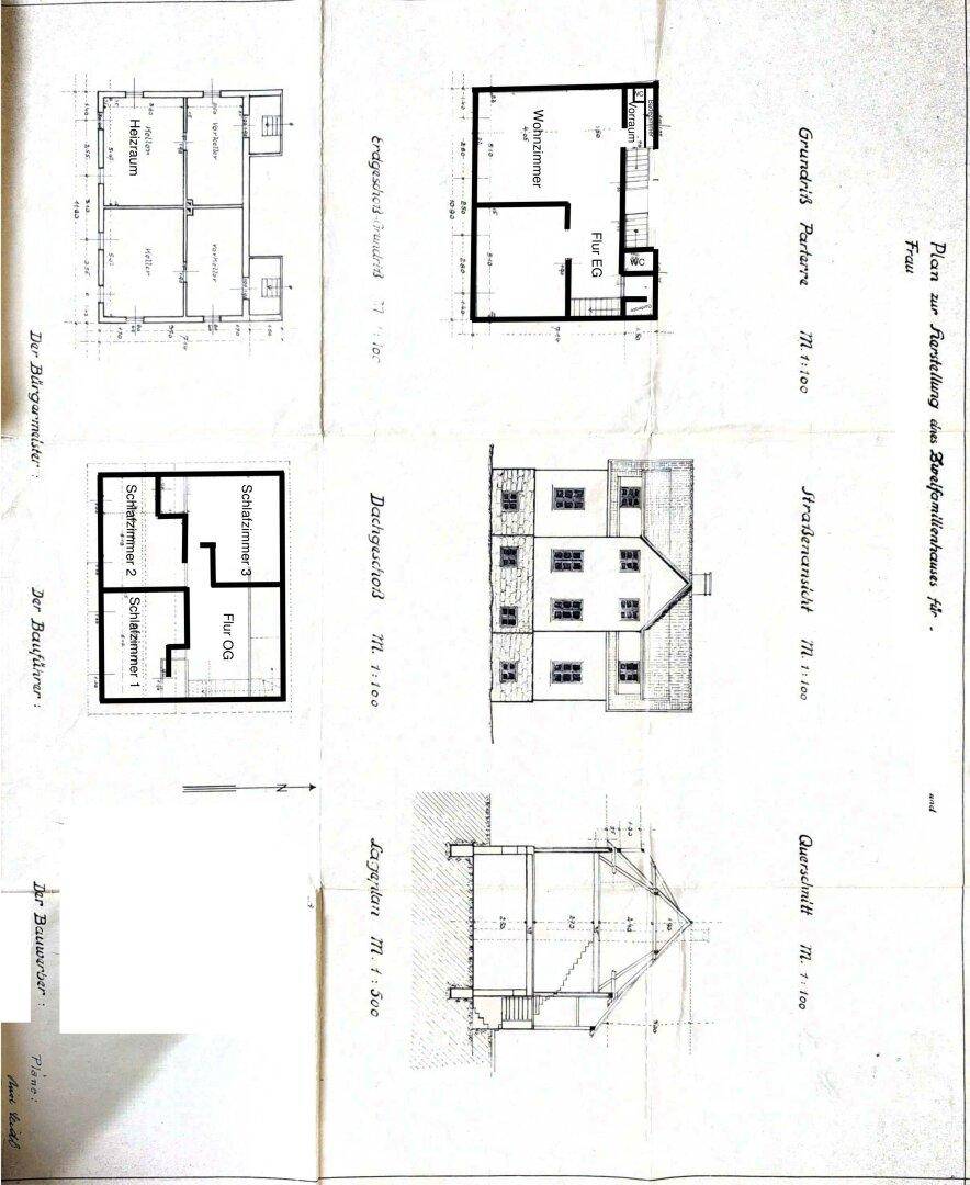 Historischer Grundriss und Ansichten eines Einfamilienhauses mit verschiedenen Etagen.