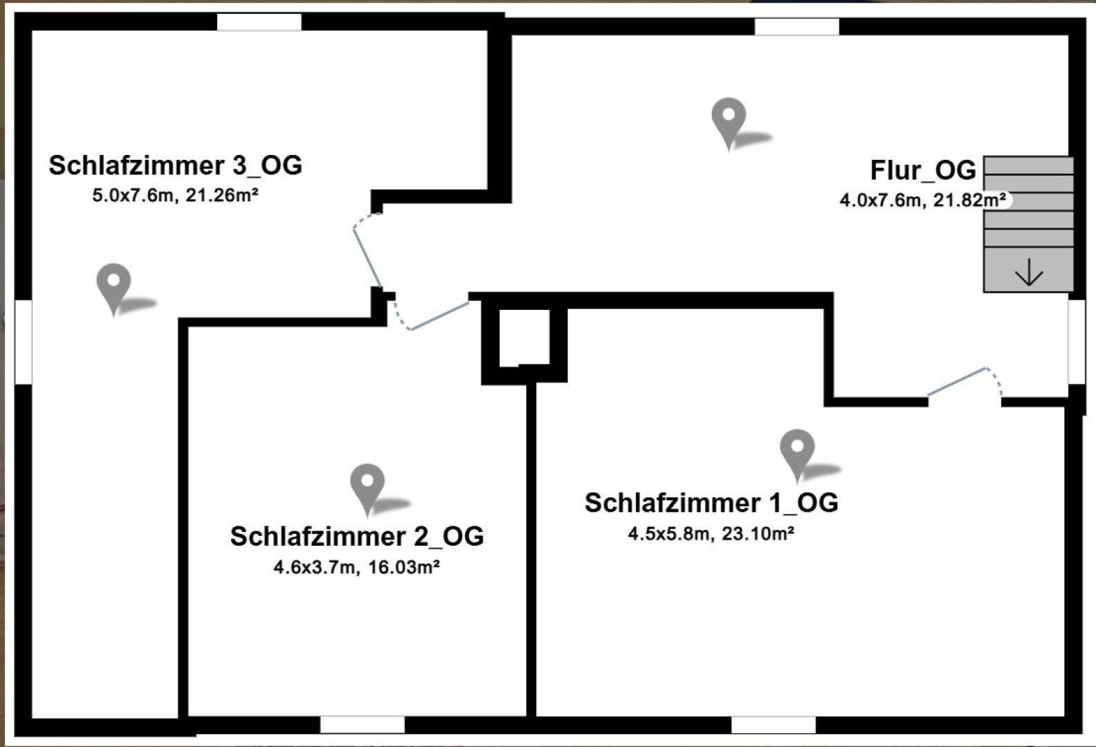 Grundriss des Obergeschosses mit drei Schlafzimmern und einem Flur.