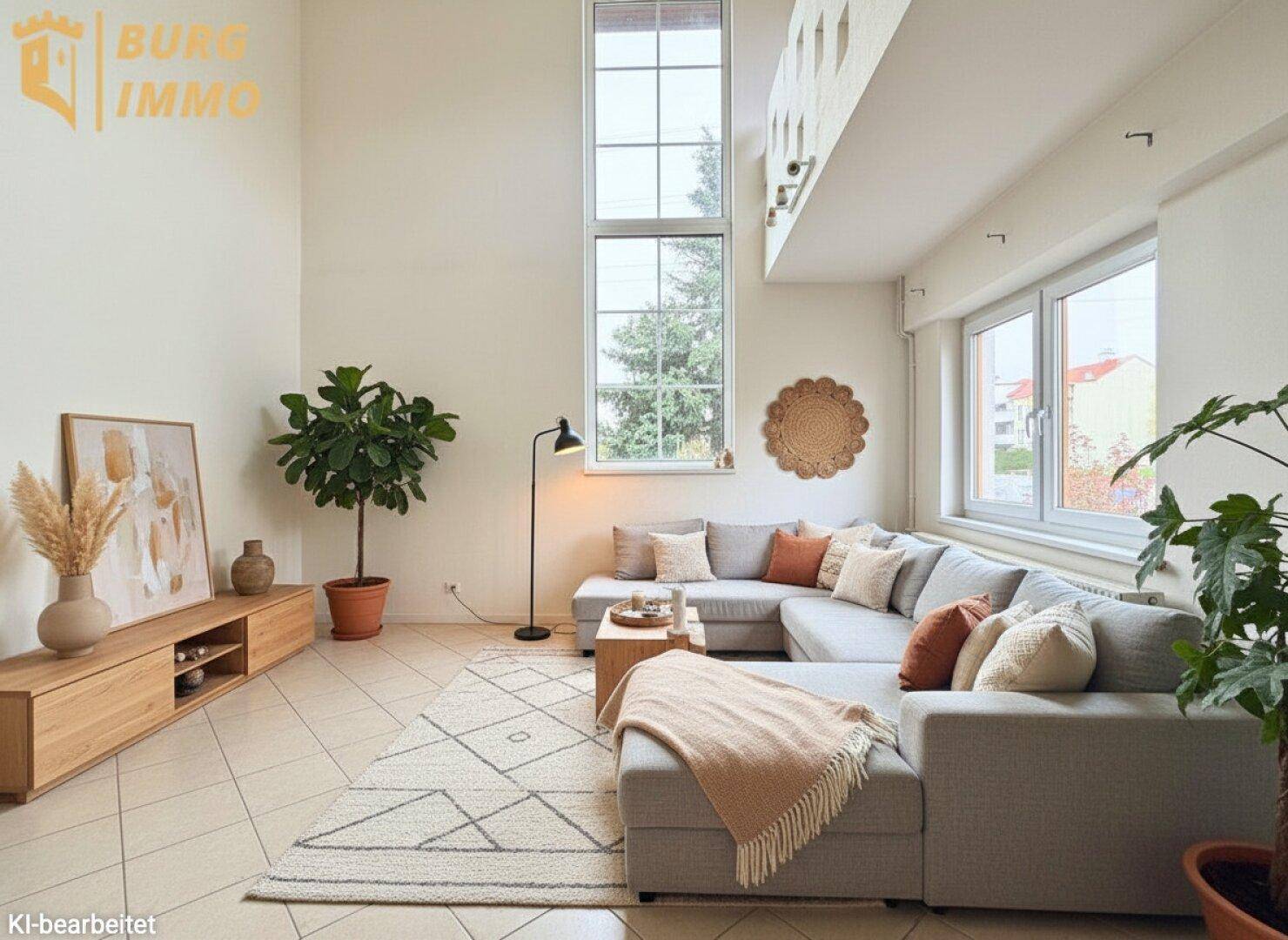 Helles Wohnzimmer mit hohen Decken, großen Fenstern und modernem Ecksofa.