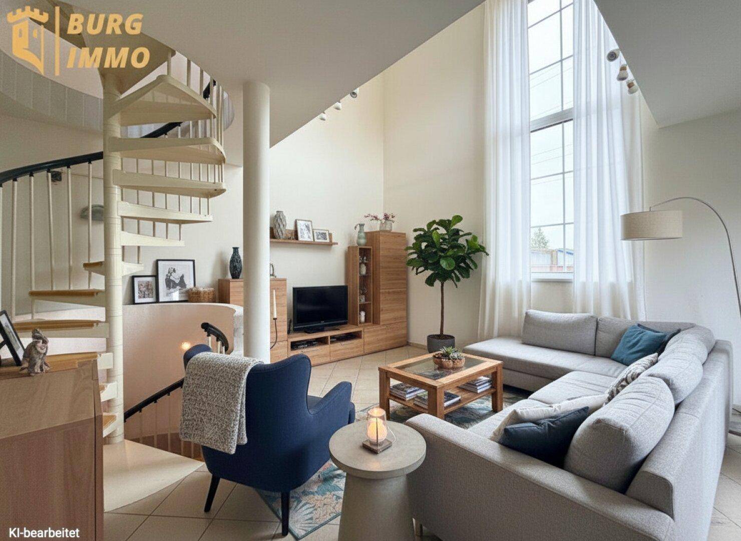 Geräumiges Wohnzimmer mit Wendeltreppe, hohen Decken und gemütlicher Sitzecke.