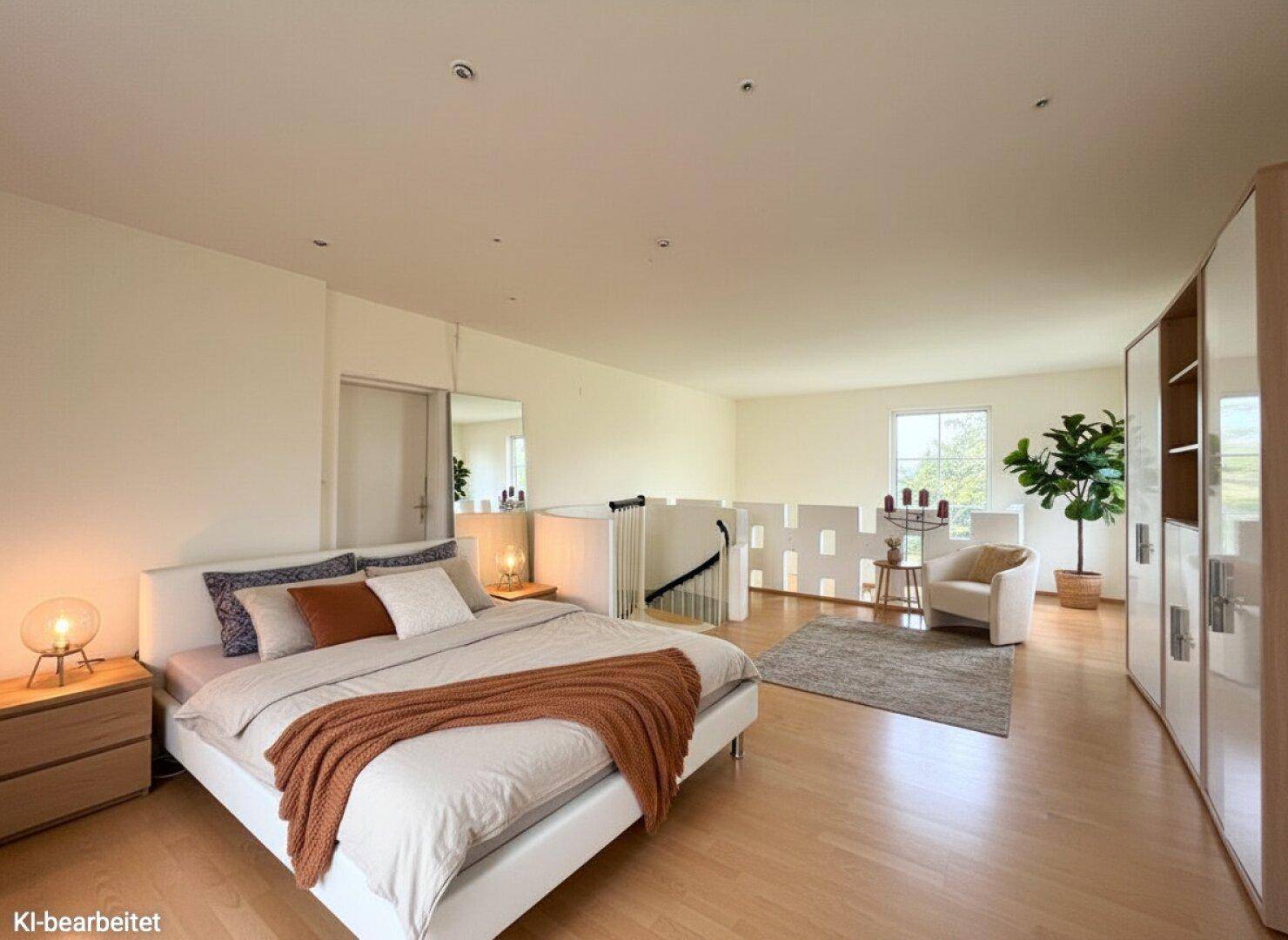 Helles Schlafzimmer mit Holzboden, großem Bett und offenem Übergang.