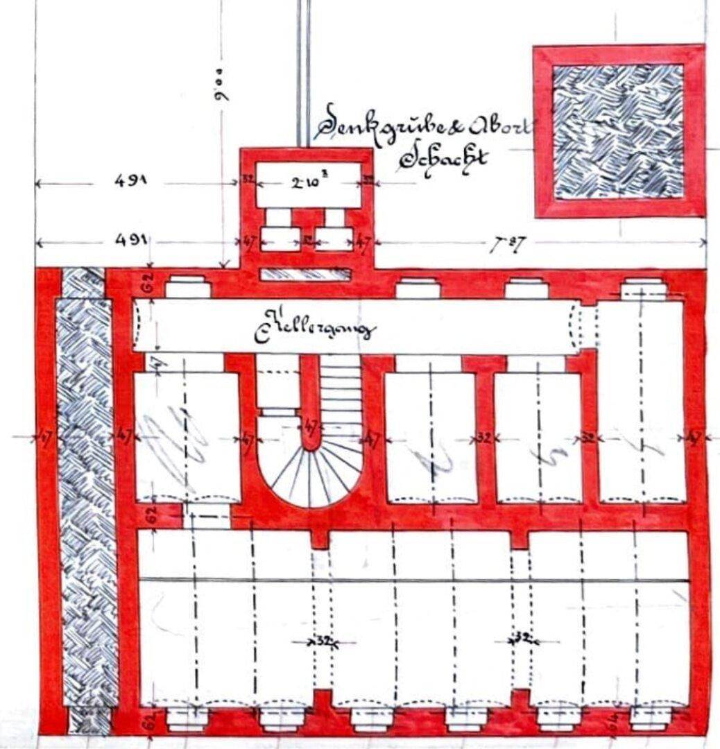 Historischer Grundriss des Kellergeschosses mit Gängen und Lagerräumen.