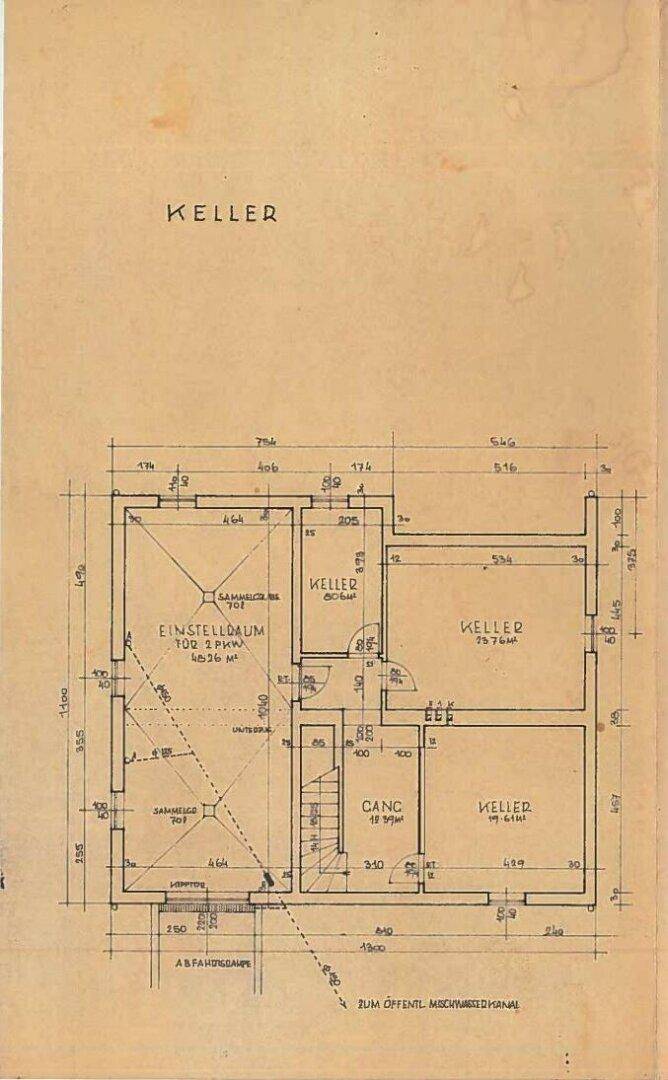 Grundriss des Kellergeschosses mit Abstellraum und Kellerräumen.