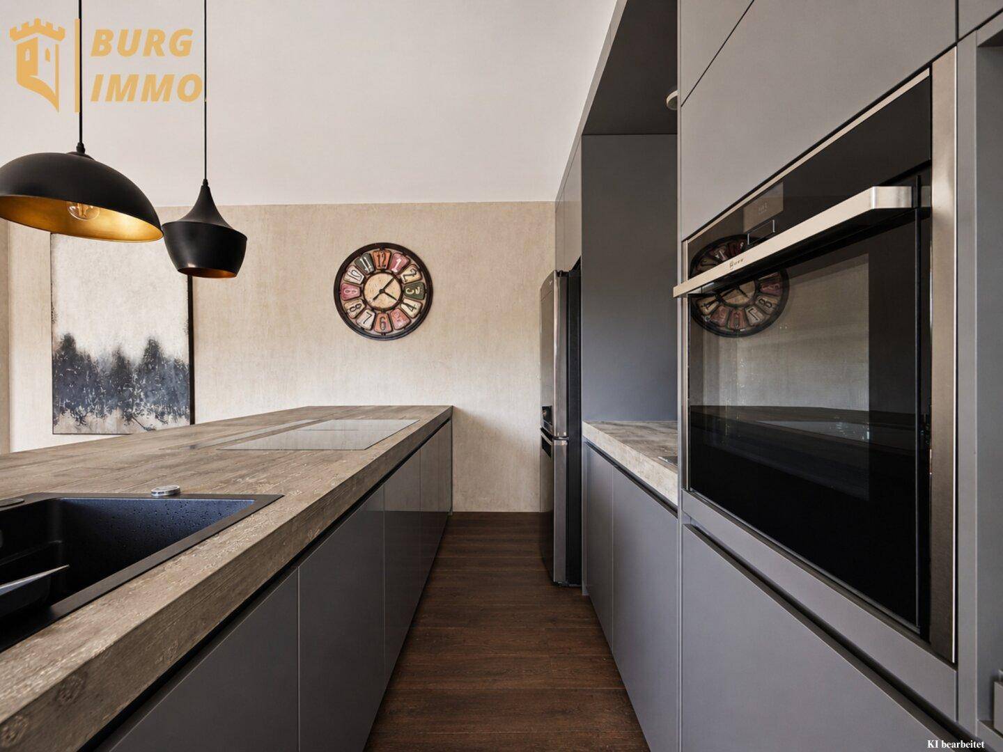 Elegante Küche mit grauen Schränken, Holz-Arbeitsplatte und integrierten modernen Geräten.