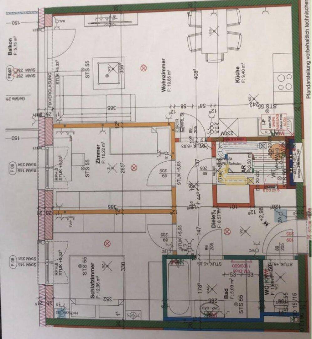 Detaillierter Grundriss der Wohnung mit Wohnzimmer, Küche, Schlafzimmer und Bad.