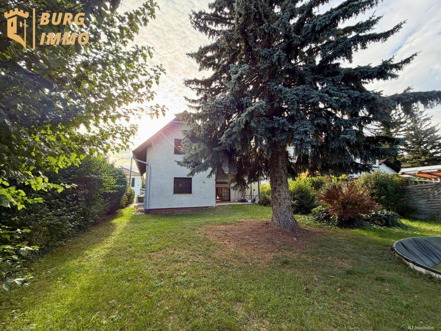 Großer Gartenbereich mit altem Nadelbaum und Blick auf die Rückseite des Einfamilienhauses.