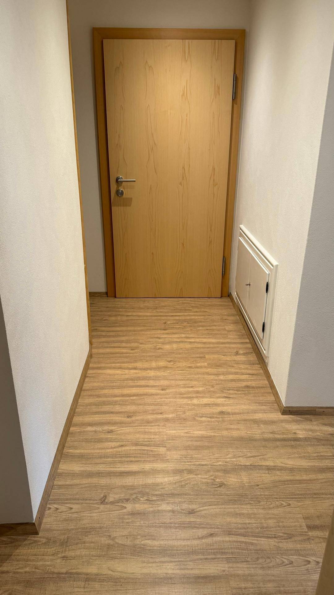 Heller Flur mit Laminatboden und einer Holztür, der zu weiteren Räumen führt und einen aufgeräumten Eindruck macht.