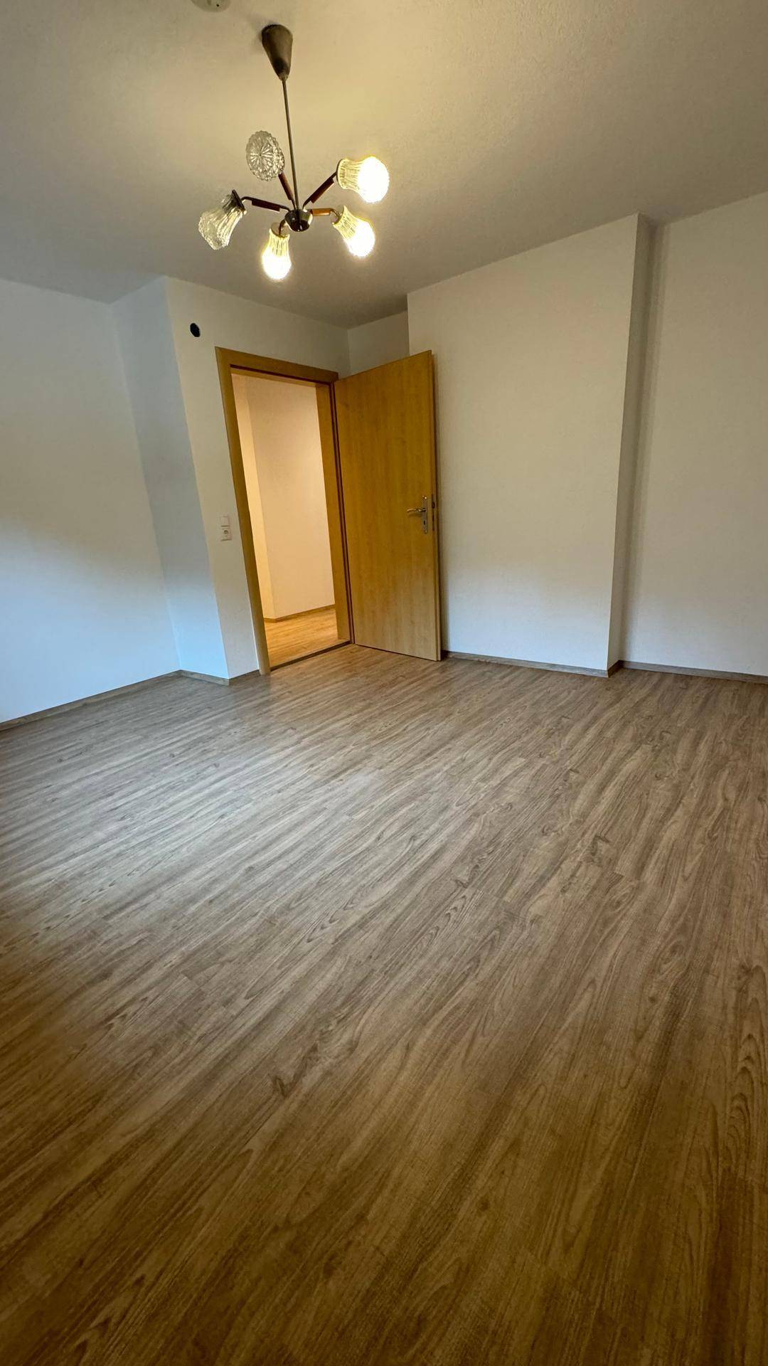 Heller, leerer Raum mit Laminatboden und weiß gestrichenen Wänden, ausgestattet mit einer modernen Deckenleuchte.