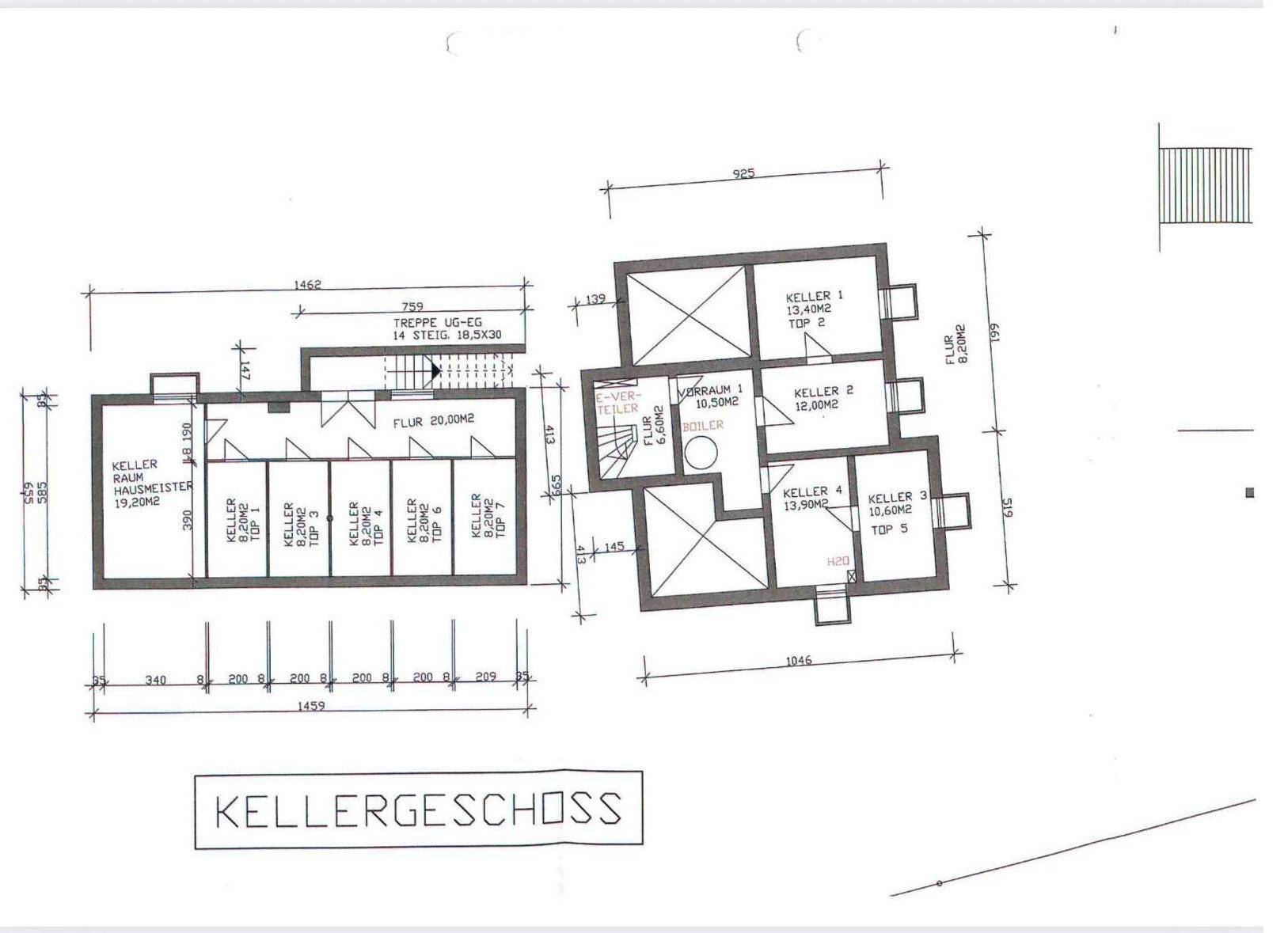 Grundriss des Kellergeschosses mit mehreren Kellerräumen und Abstellflächen.