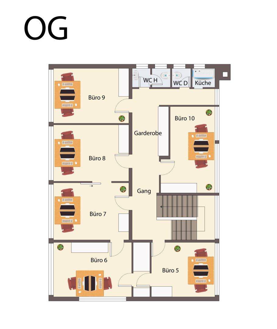 Grundriss des Obergeschosses mit mehreren Büroräumen, Garderobe, WCs und kleiner Küche.