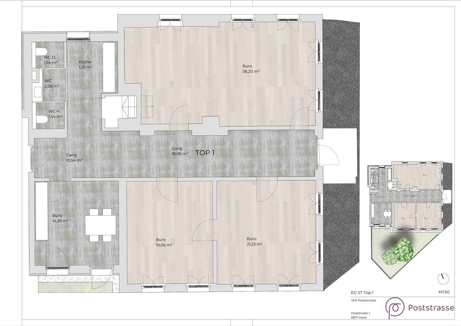 Elegante Geschäfts- oder Bürofläche im Harder Zentrum: 132 m², komplett renoviert, inklusive Gärten und Parkplätzen - Ansicht 6