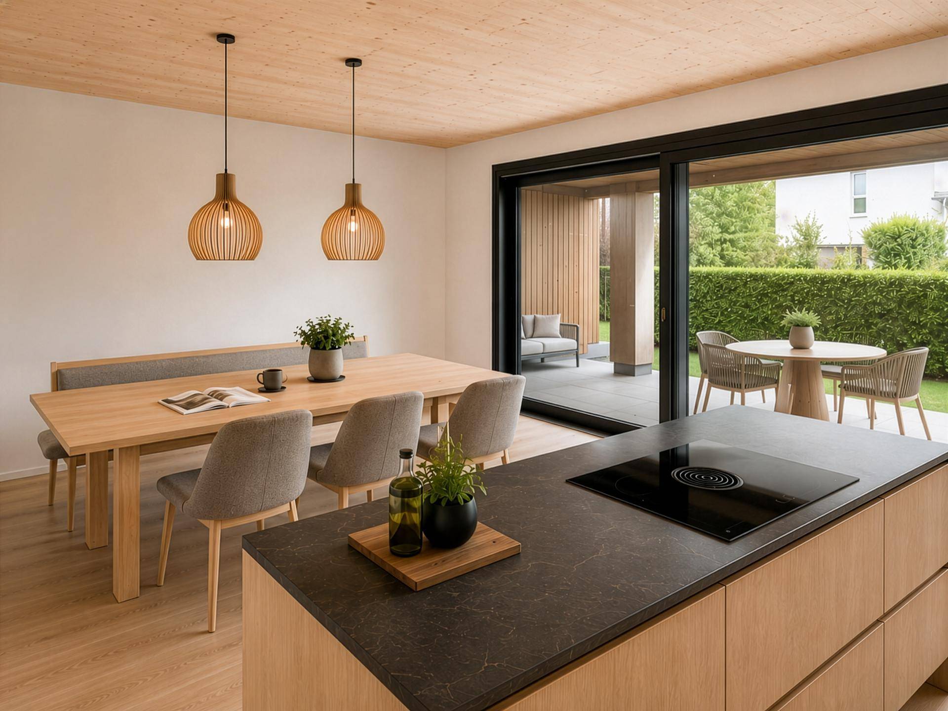 Heller Essbereich mit offener Küche und Schiebetür zur Terrasse.