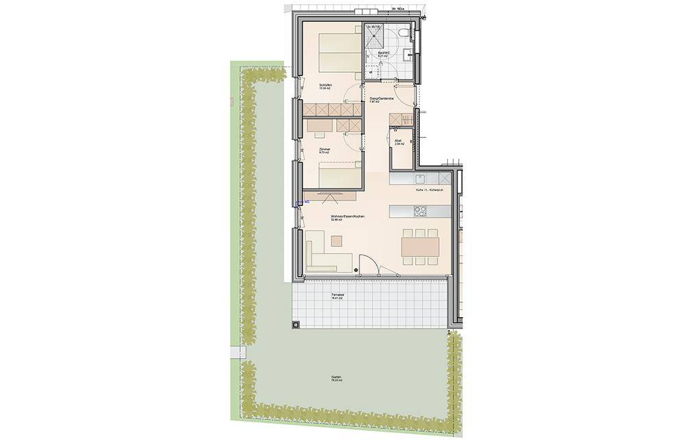 Grundriss einer Wohnung mit offenem Wohnbereich, drei Schlafzimmern, Bad, Gäste-WC und Zugang zu Terrasse und Garten.