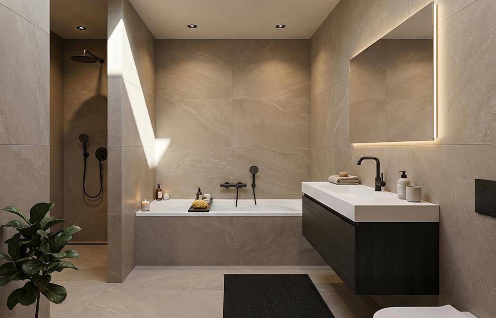 Modernes Badezimmer mit Badewanne, begehbarer Dusche und eleganten Fliesen.