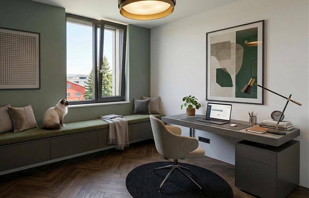 Helles Arbeitszimmer mit integrierter Sitzbank, Schreibtisch und Blick ins Grüne.