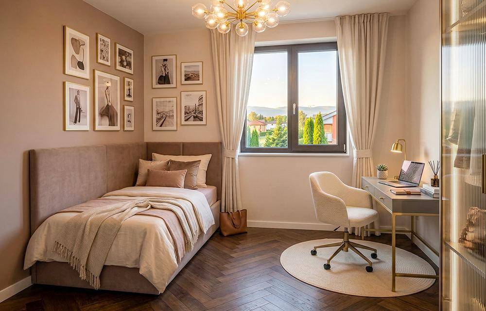 Gemütliches Schlafzimmer mit Einzelbett, Schreibtisch und Blick auf die Umgebung.