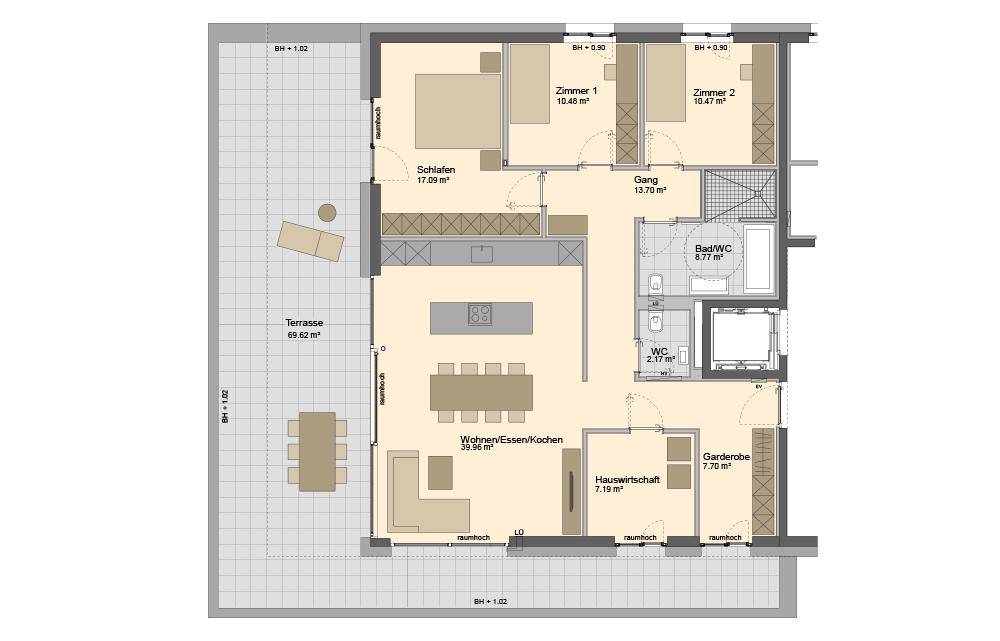 Detaillierter Grundriss einer Wohnung mit offener Wohnküche, drei Zimmern und großer Terrasse.