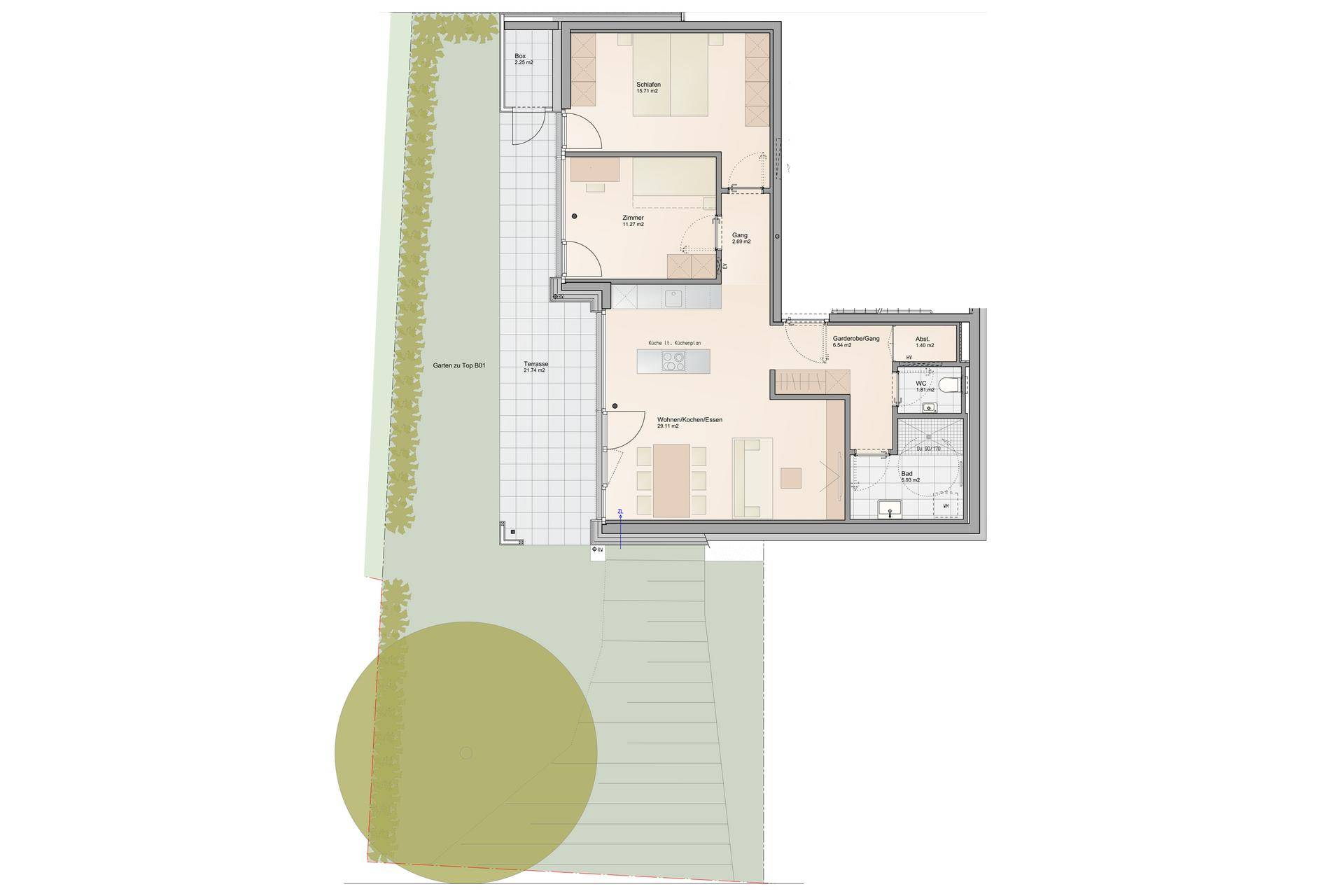 Grundriss einer Wohnung mit offenem Wohnbereich, zwei Schlafzimmern, Terrasse und Garten.