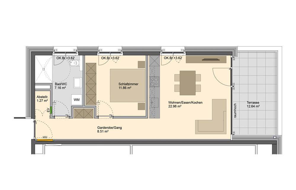 Grundriss einer Wohnung mit offenem Wohn-/Ess-/Kochbereich, Schlafzimmer und Terrasse.