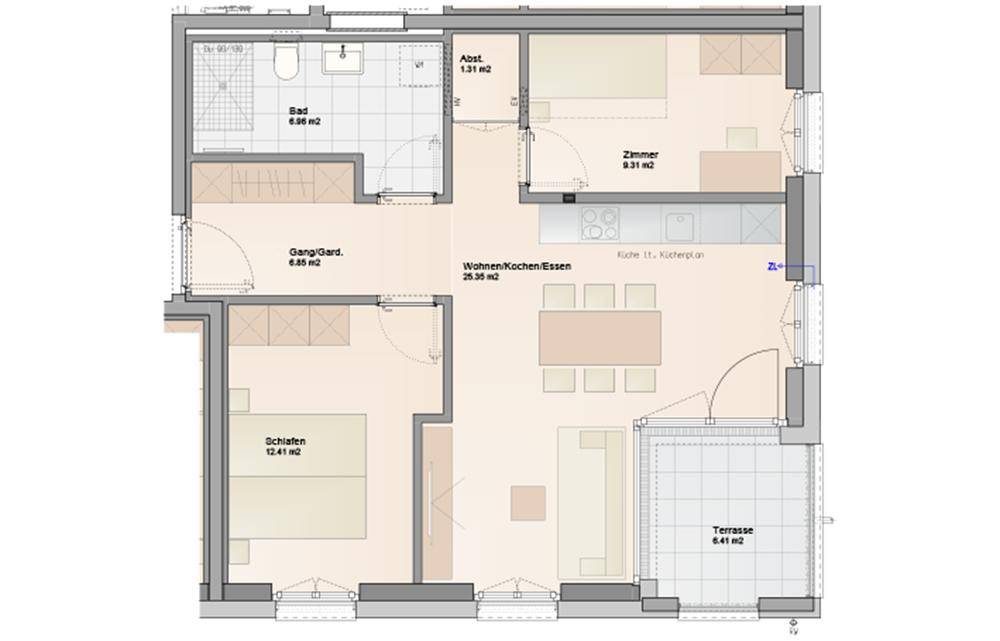 Grundriss einer Wohnung mit offenem Wohnbereich, Schlafzimmer, Bad und einer großzügigen Terrasse.