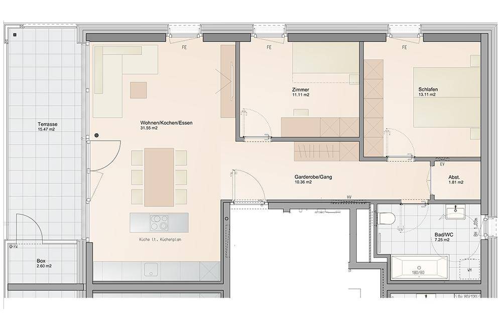 Detaillierter Grundriss einer Wohnung mit Terrasse, Wohn-Essbereich und zwei Schlafzimmern.