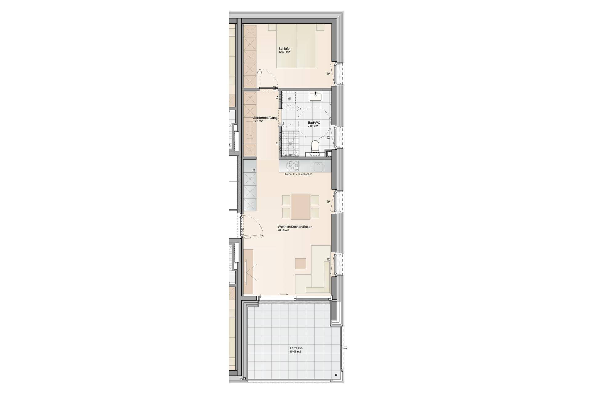 Langer Grundriss mit offener Wohnküche, zwei Schlafzimmern, Bad und Terrasse.