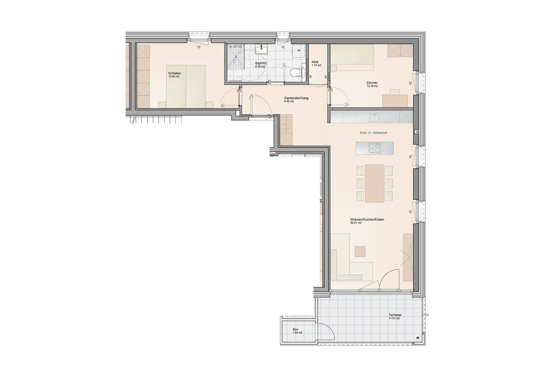 Grundriss einer Wohnung mit offenem Wohn-Essbereich, zwei Schlafzimmern, zwei Bädern und Zugang zu Terrasse und Balkon.