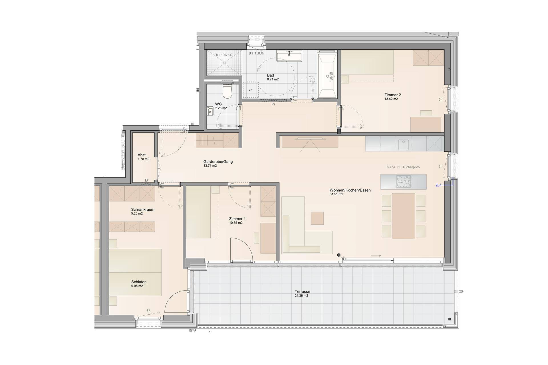 Detaillierter Grundriss einer Wohnung mit drei Zimmern, Bad, WC und großer Terrasse.