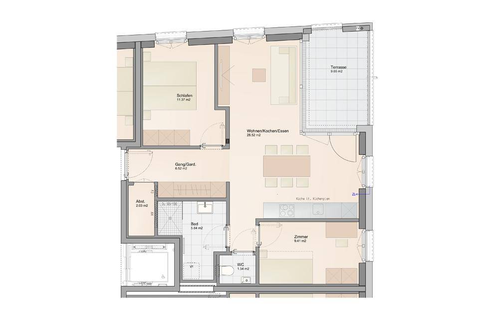 Grundriss einer Wohnung mit drei Zimmern, offener Küche und Terrasse.