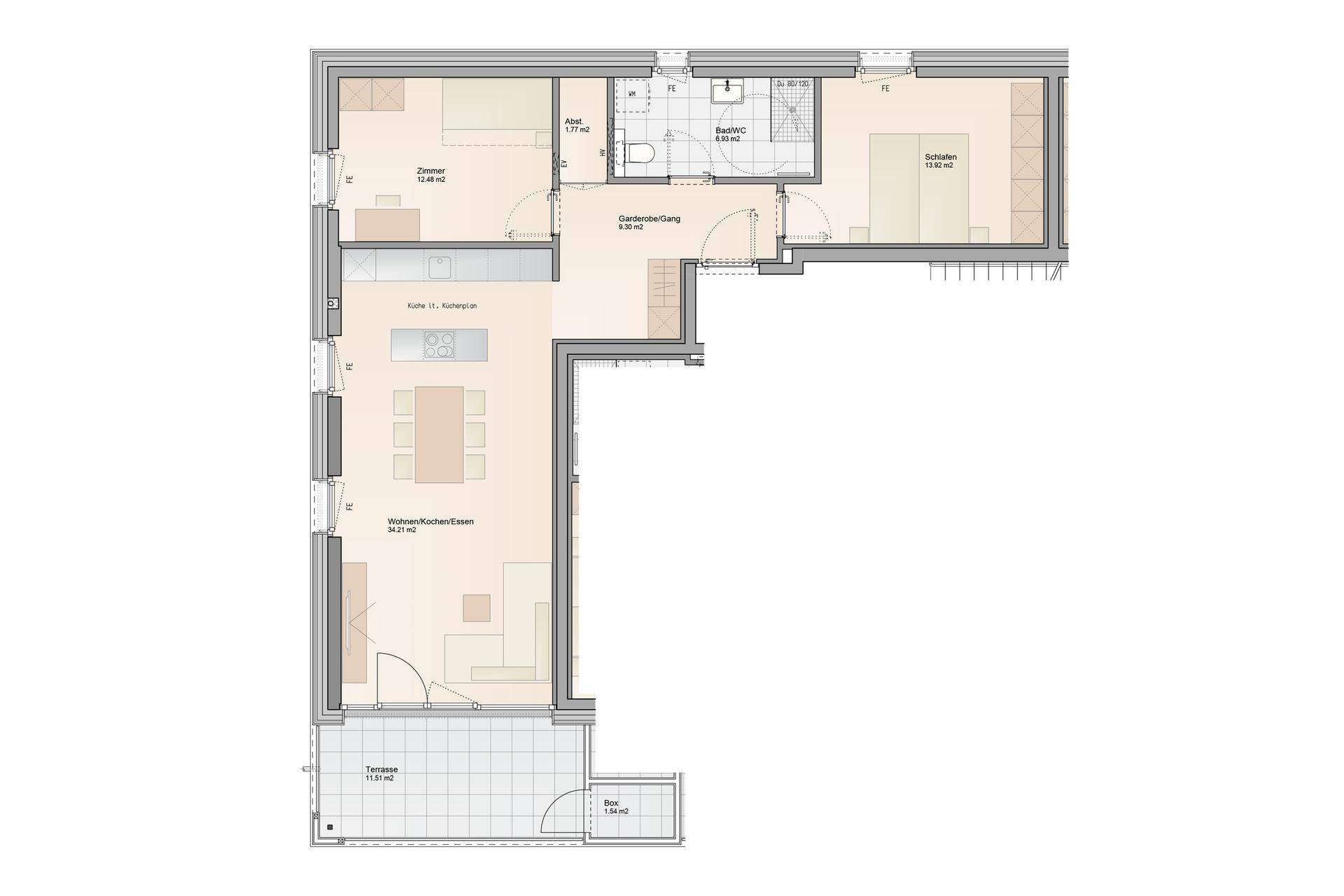 Grundriss einer Wohnung mit offenem Wohn-Koch-Essbereich, Schlafzimmer und Terrasse.
